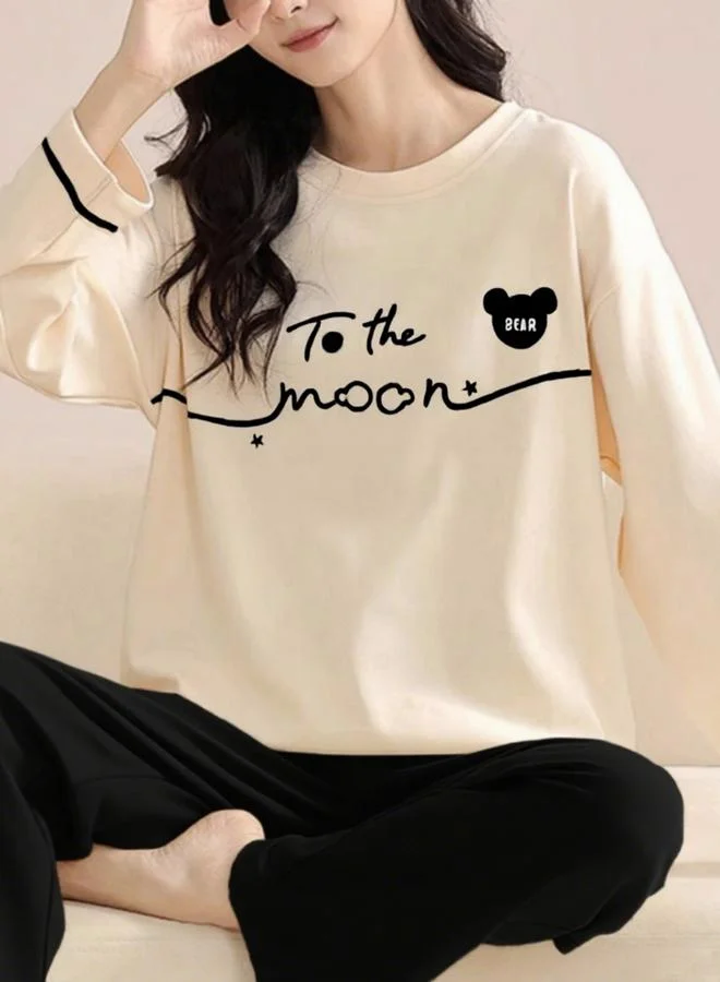 Take Two black Black Graphic Print Long Sleeve T-Shirt and Pyjama Set for Women | Best Price UAE